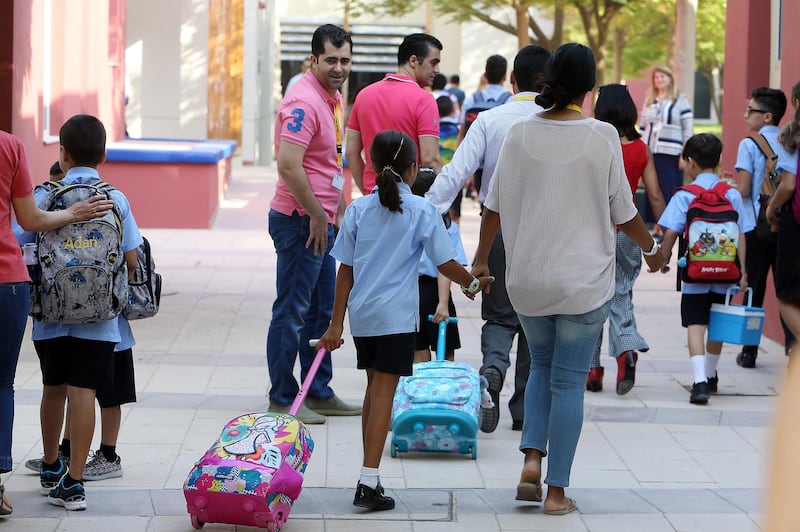 
DUBAI , UNITED ARAB EMIRATES – Aug 28 , 2016 : Students coming on the first day of school after the summer vacation at the Bradenton Preparatory Academy in Dubai Sports City in Dubai. ( Pawan Singh / The National ) For News. Story by Nadeem Hanif. ID No - 77443
 *** Local Caption ***  PS2808- NEW SCHOOL YEAR08.jpg