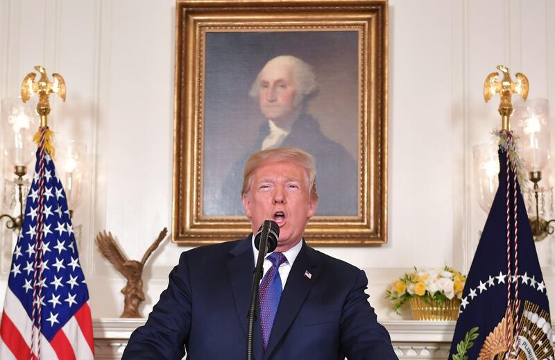 US President Donald Trump addresses the nation on the situation in Syria, at the White House in Washington, DC. Trump said strikes on Syria are under way. Mandel Ngan / AFP