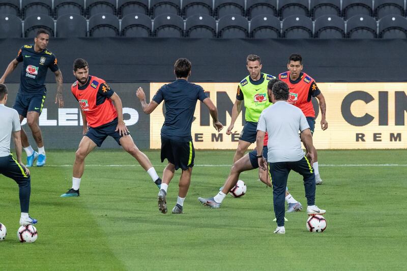 ABU DHABI, UNITED ARAB EMIRATES. 18 November 2019. The Brazil national football team practise at Zayed Stadium ahead of their game tomorrow against Korea. (Photo: Antonie Robertson/The National) Journalist: Amith Pasella Section: Sport.
