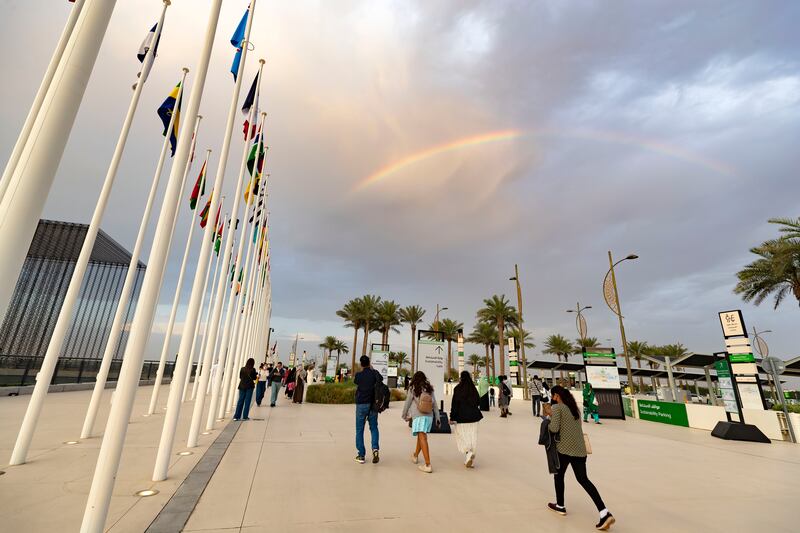 A rainbow at Expo 2020 Dubai on a cloudy, rainy day for much of the country from Abu Dhabi city to the Northern Emirates on Sunday, January 16. Chris Whiteoak / The National