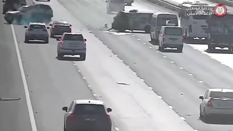 The force of the collision throws the 4x4 across the road into another car. This car is then hit from behind by another.