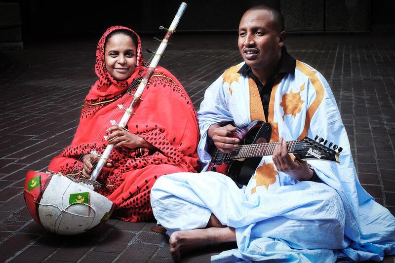 The Mauritanian singer and musician Noura Mint Seymali with her husband and bandmate Jeiche Ould Chighaly, backstage at the Barbican Centre in London. Dave Stelfox for The National