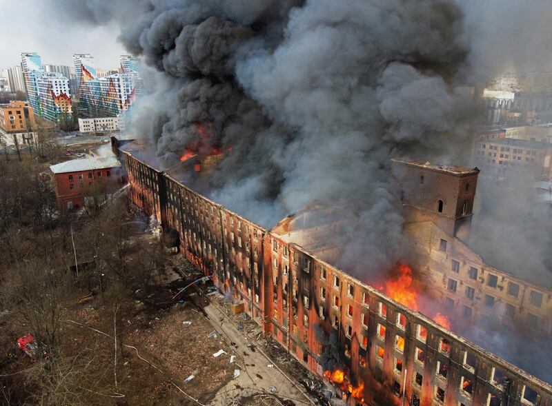 Nevskaya Manufaktura is consumed by flames in Saint Petersburg, Russia. The textile mill in the city centre was built in 1841. Reuters