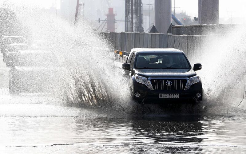 

DUBAI , UNITED ARAB EMIRATES , JAN 09 – 2018 :- Water logging because of last night rain at street 5 in Discovery Gardens area in Dubai.  (Pawan Singh / The National) For News. 
