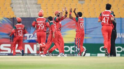 Oman celebrate their opening victory over UAE. Courtesy Abu Dhabi Sports Council