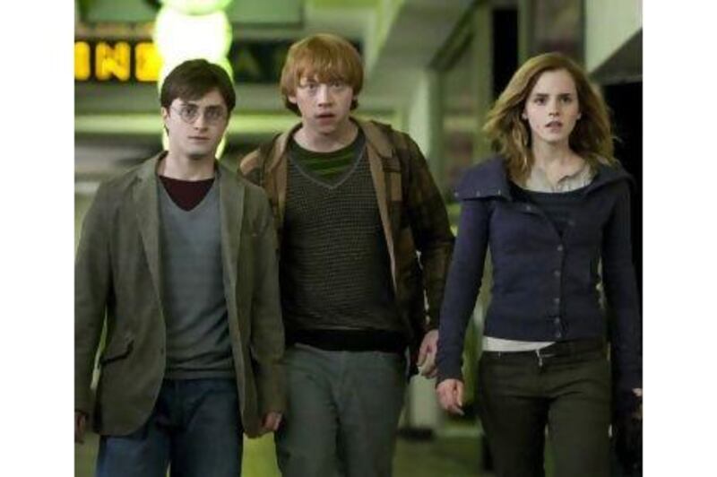From left to right, Daniel Radcliffe as Harry Potter, Rupert Grint as Ron Weasley and Emma Watson as Hermione Granger in Harry Potter and the Deathly Hallows.