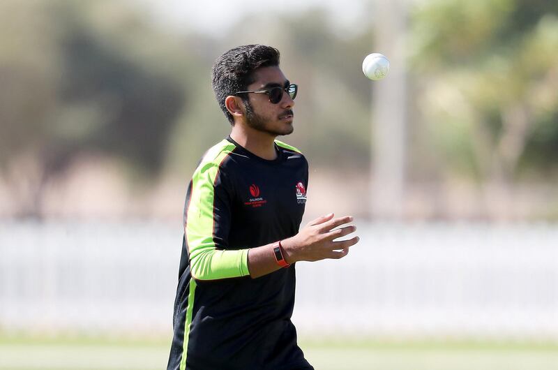 ABU DHABI, UNITED ARAB EMIRATES , Nov 13  – 2019 :- Hassan Khalid of Qalandars T10 cricket team during the training session held at Sheikh Zayed Cricket Stadium in Abu Dhabi. ( Pawan Singh / The National )  For Sports. Story by Paul