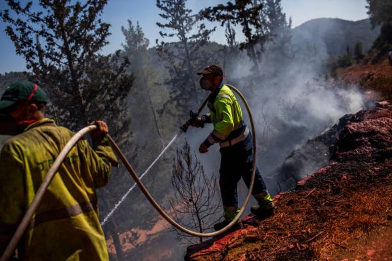 Firefighters try to extinguish a wildfire west of Jerusalem on August 17. Getty