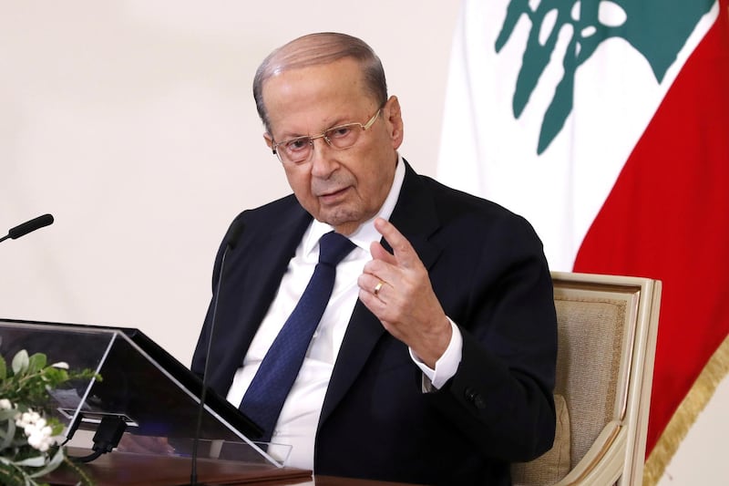 FILE PHOTO: Lebanon's President Michel Aoun speaks during a news conference at the presidential palace in Baabda, Lebanon October 21, 2020. Dalati Nohra/Handout via REUTERS ATTENTION EDITORS - THIS IMAGE WAS PROVIDED BY A THIRD PARTY/File Photo