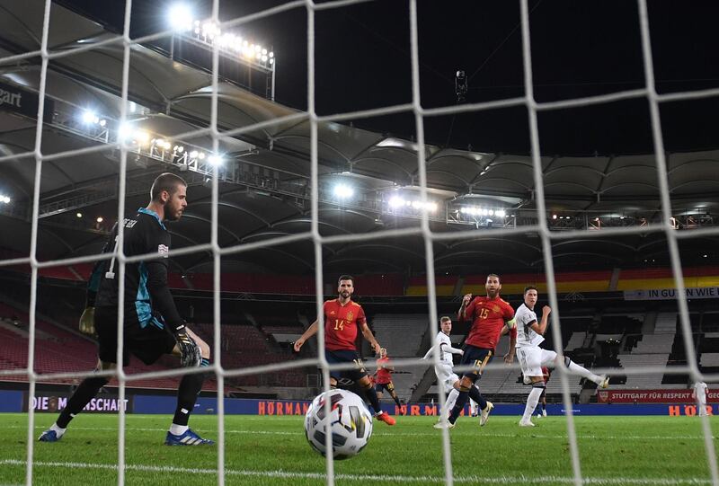 Timo Werner scores Germany's opening goal past David De Gea of Spain. Getty Images
