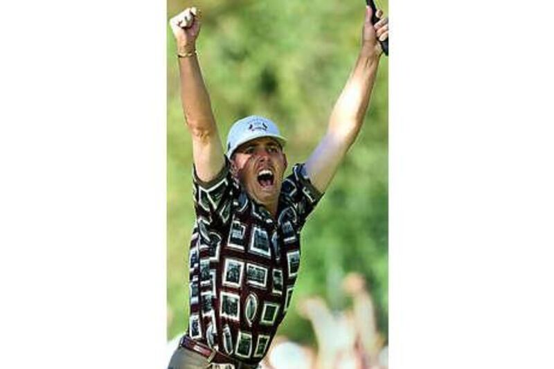 Justin Leonard of the US celebrates winning the Ryder Cup, but Europe could still smugly mock the shirts their rivals were wearing.