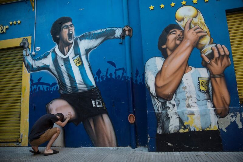 A painting of Diego Maradona near the Boca Juniors stadium in Buenos Aires. AP