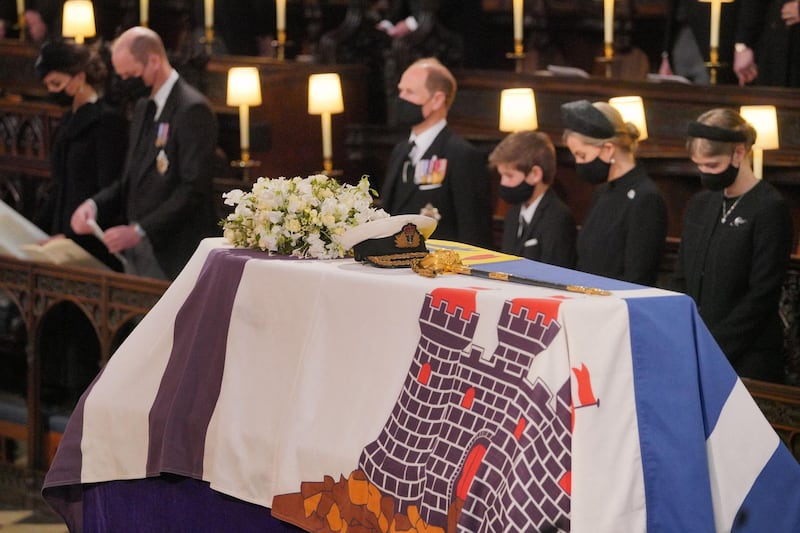 Left to right: Catherine, Duchess of Cambridge; Prince William, Duke of Cambridge; Prince Edward, Earl of Wessex; Viscount Severn; and Sophie, Countess of Wessex attend the funeral service of Prince Philip, the Duke of Edinburgh inside St George's Chapel in Windsor Castle. AFP