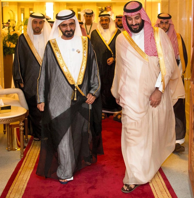 An aid package for Jordan totalling $2.5 billion has been agreed between the country and the UAE, Saudi Arabia and Kuwait at a summit in Makkah. Seen here is Sheikh Mohammed bin Rashid with Saudi Arabia's Crown Prince Mohammed bin Salman. Saudi Press Agency