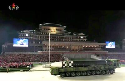 This image made from video broadcasted by North Korea's KRT, shows a military parade with what appears to be a possible new intercontinental ballistic missile at the Kim Il Sung Square in Pyongyang, Saturday, Oct. 10, 2020. North Korean leader Kim Jong Un warned Saturday that his country would â€œfully mobilizeâ€ its nuclear force if threatened as he took center stage at a massive military parade to mark the 75th anniversary of the countryâ€™s ruling party. (KRT via AP)