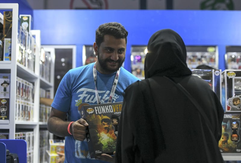 Abu Dhabi, United Arab Emirates - Ahmed Mohieddin sells the popular Funko Pop collectables at GamesCon, ADNEC. Khushnum Bhandari for The National