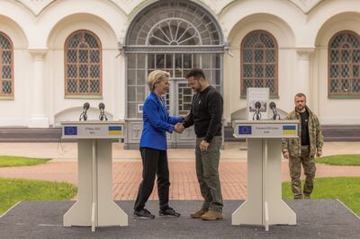 Ukrainian President Volodymyr Zelensky, right, met European Commission president Ursula von der Leyen in Kyiv. Getty 