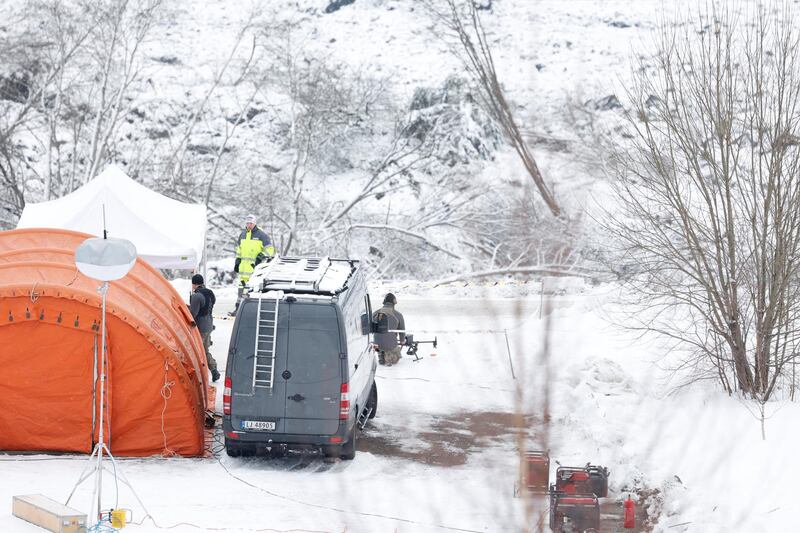 Rescue crews work with a drone in the landslide area at Ask, Gjerdrum, Norway January 2, 2021. NTB/Erik Schroeder via REUTERS ATTENTION EDITORS - THIS IMAGE WAS PROVIDED BY A THIRD PARTY. NORWAY OUT. NO COMMERCIAL OR EDITORIAL SALES IN NORWAY.