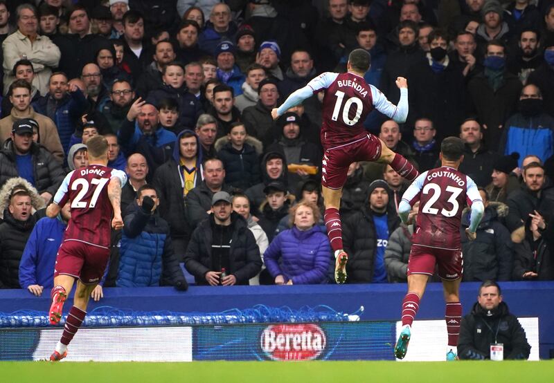 Aston Villa's Emiliano Buendia celebrates scoring at Goodison Park. PA