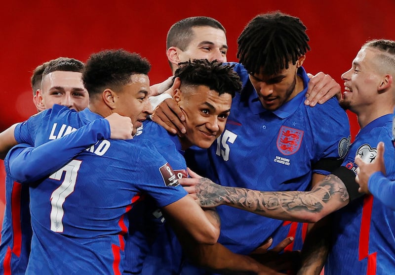 Ollie Watkins, centre, celebrates scoring England's fifth and final goal in the World Cup qualifier against San Marino at the Wembley Stadium on March 25. Reuters