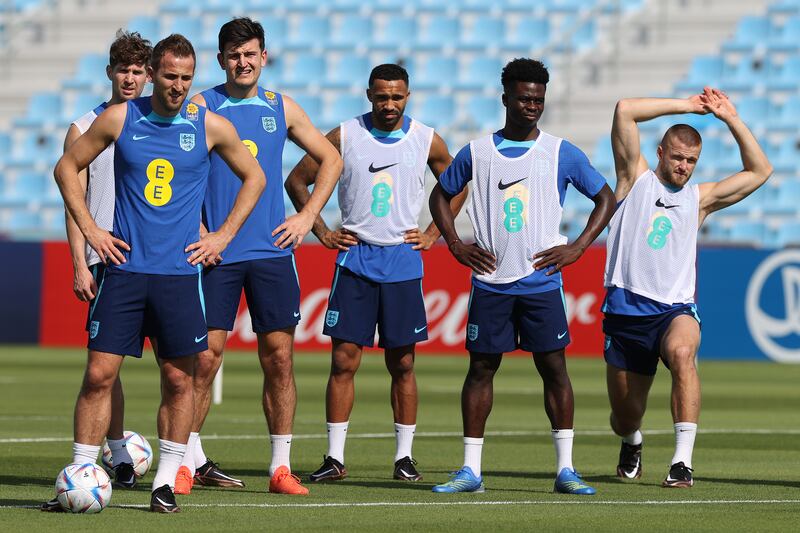 Left to right: England captain Harry Kane with John Stones, Harry Maguire, Callum Wilson, Bukayo Sako and Eric Dier during training at the Al Wakrah Sports Club in Qatar, on Thursday November 17, 2022. Getty