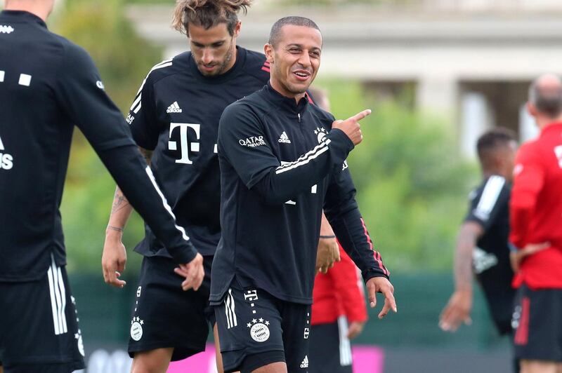LAGOS, PORTUGAL - AUGUST 12: Thiago Alcantara of Bayern Munich laughs and gestures during a training session on August 12, 2020 in Lagos, Portugal. (Photo by M. Donato/FC Bayern via Getty Images)