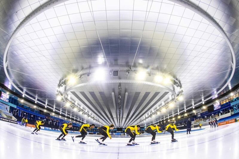 Jumbo speed-skating team hold their first practice session of the summer at Thialf ice arena in Heerenveen, Netherlands. The rink has opened temporarily for training. EPA