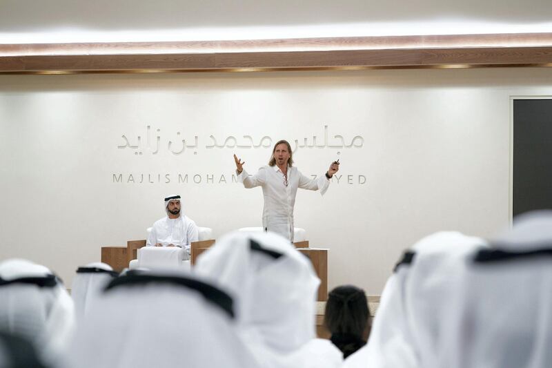 ABU DHABI, UNITED ARAB EMIRATES - May 13, 2019: 
Dr. Beau Lotto, delivers a lecture titled "The Science of Innovation: Becoming naturally adaptable", at Majlis Mohamed bin Zayed.
( Mohamed Al Hammadi / Ministry of Presidential Affairs )
---