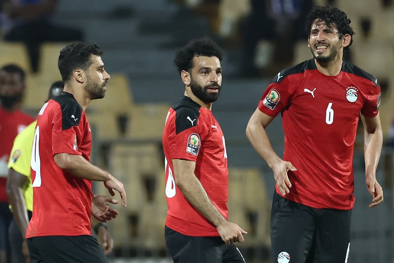 Egypt forward Mohamed Salah and  defender Ahmed Hegazi celebrate. AFP