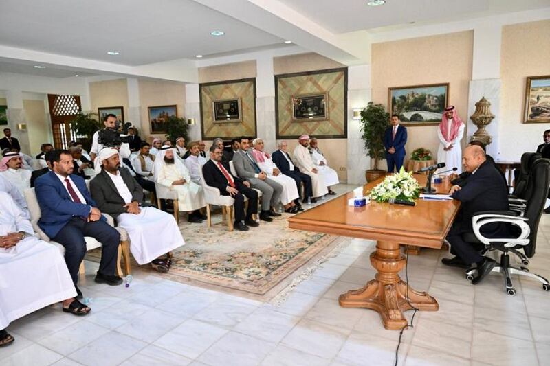 Representatives of Hadramawt province meet Presidential Leadership Council chairman Rashad Al Alimi. Photo: Presidential Leadership Council