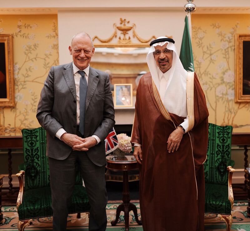 Saudi Minister of Investment Khalid Al-Falih meets UK Minister of Investment Lord Gerry Grimstone in the UK on August 27.