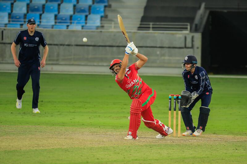 Oman bat against Scotland during their Cricket World Cup League 2 match in Dubai. Photo: ICC