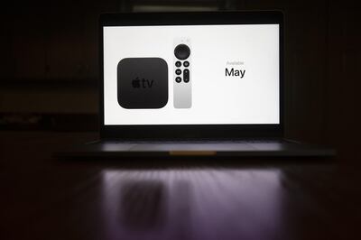 The Apple TV 4K device and remote control during the Spring Loaded virtual product launch in Tiskilwa, Illinois, U.S., on Tuesday, April 20, 2021. Apple Inc. launched a new accessory called AirTag that will find physical items like bags, wallets and keys, entering a market with competitors including Tile Inc. and Samsung Electronics Co. Photographer: Daniel Acker/Bloomberg