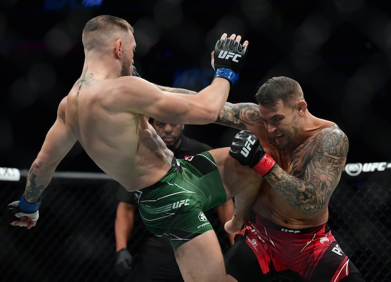 Conor McGregor lands a hit against Dustin Poirier.