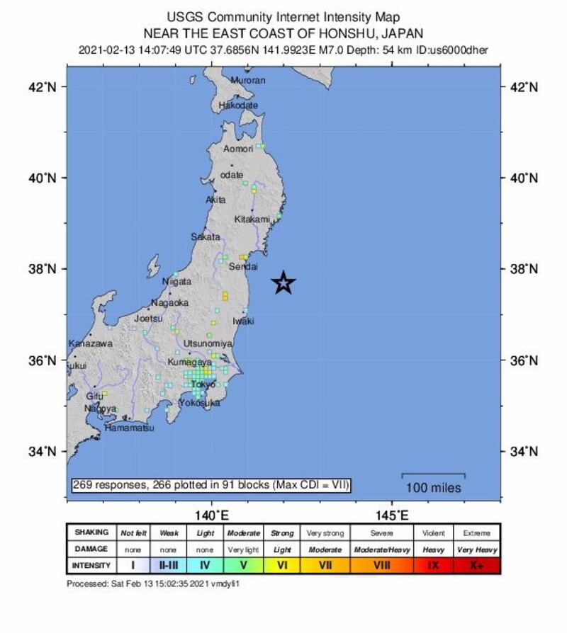 A handout photo made available by the US Geological survey (USGS) shows an intensity shakemap of the 7.0-magnitude earthquake that epicentered east-northeast of Namie, Japan. EPA