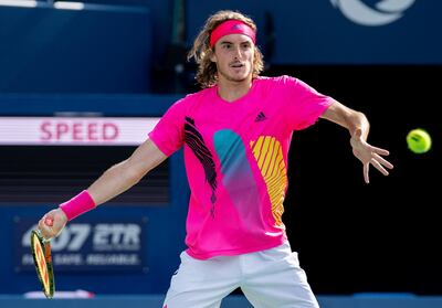 epa06947170 Stefanos Tsitsipas of Greece in action against Rafael Nadal of Spain during the final match of the Rogers Cup Men's Tennis tournament in Toronto, Canada, 12 August 2018.  EPA/WARREN TODA