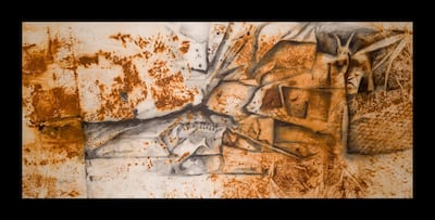 Mohammed Al Astad
Life's Panorama, 2013
Rust, charcoal, paint on canvas
147.5 x 326 cm
Courtesy of the artist