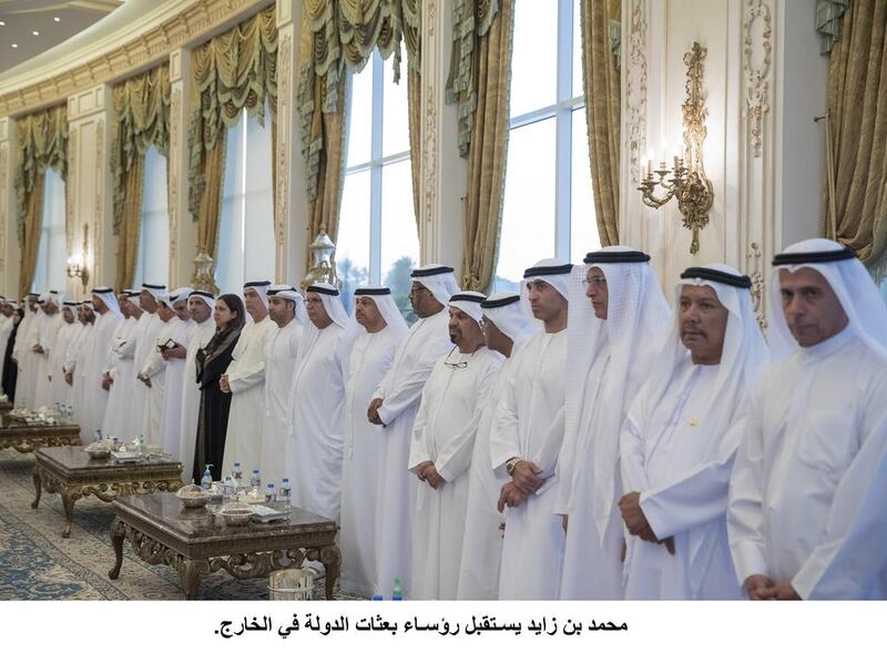 UAE ambassadors and employees of Ministry of Foreign Affairs attend a Sea Palace barza. Rashed Al Mansoori / Crown Prince Court – Abu Dhabi