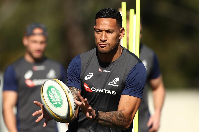 SYDNEY, AUSTRALIA - AUGUST 14:  Israel Folau in action during a Wallabies training session at NSWRL Centre of Excellence Field on August 14, 2018 in Sydney, Australia.  (Photo by Mark Metcalfe/Getty Images)