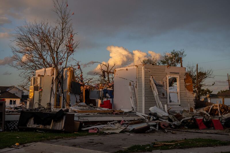 A tornado-damaged home is seen among the wreckage in the Arabi neighbourhood on March 24, 2022, in New Orleans, Louisiana. Two tornados struck New Orleans on Tuesday, leaving several neighbourhoods damaged and at least one person dead.  Getty Images / AFP