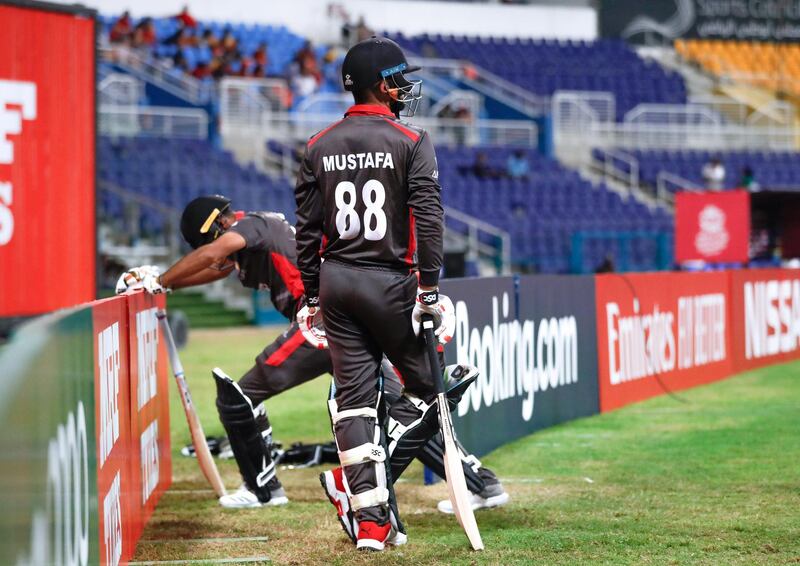 Abu Dhabi, United Arab Emirates, October 27, 2019.  
T20 UAE v Canada-AUH-
UAE team players warm up before the match.
Victor Besa/The National
Section:  SP
Reporter:  Paul Radley
