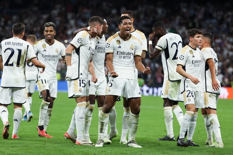 Real Madrid midfielder Jude Bellingham celebrates after scoring in the Champions League match against Union Berlin on Wednesday, September 20, 2023. EPA