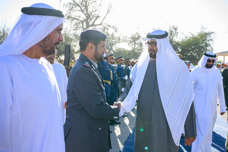 The President greets Maj Gen Faris Khalaf Al Mazrouei, Abu Dhabi Executive Council Member, Commander-in-Chief of Abu Dhabi Police, and Chairman of the Abu Dhabi Emergency Crisis and Disasters Committee