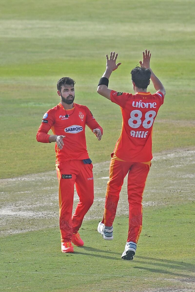 Islamabad United's Shadab Khan celebrates a Multan wicket in the PSL qualifier. Courtesy PCB
