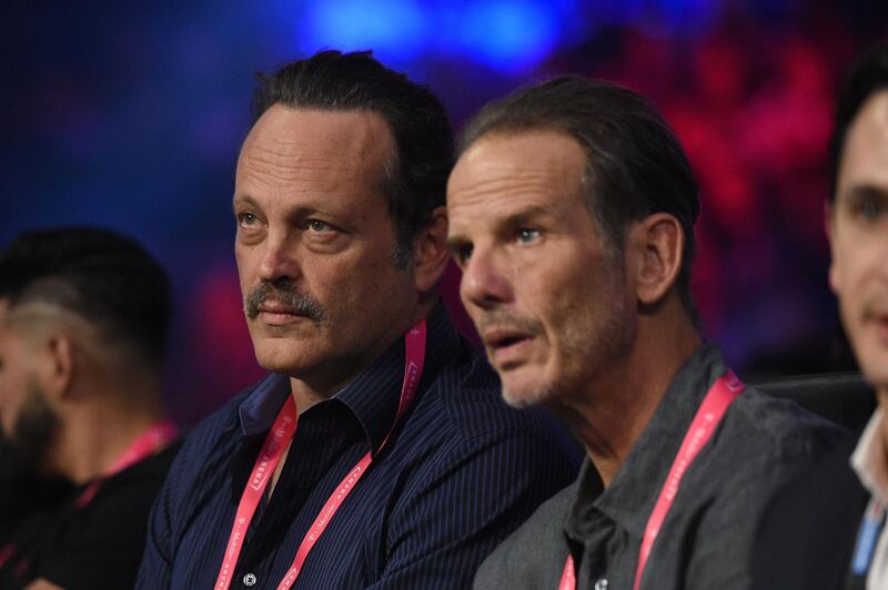 Actor Vince Vaughn, left, and director Peter Berg attend the Tyson Fury and Otto Wallin heavyweight bout at T-Mobile Arena. AFP