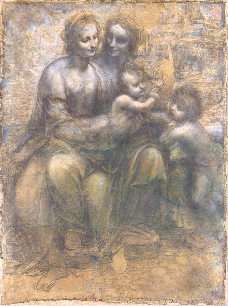 'The Virgin and Child with St Anne and St John the Baptist' (1499-1500 or 1506-08). The drawing was created with charcoal and black and white chalk, on eight sheets of paper glued together. It depicts the Virgin Mary seated on the knees of her mother, Saint Anne, while holding the Child Jesus. Jesus's young cousin, St John the Baptist, stands to the right. It hangs in the National Gallery in London