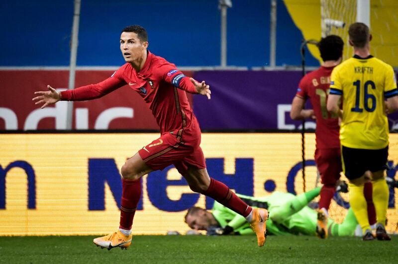 Cristiano Ronaldo celebrates after scoring for Portugal against Sweden in the Uefa Nations League match at Friends Arena in Stockholm. PA