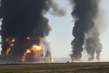 Fire and smoke rise from an explosion of a gas tanker in Herat, Afghanistan, on February 13, 2021. Reuters