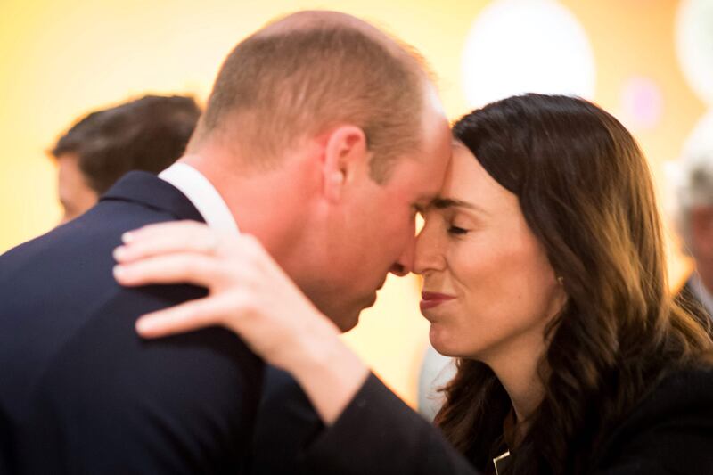 Ms Ardern gives the UK's Prince William a traditional Maori 'hongi' welcome at the War Memorial Museum in Auckland. AFP
