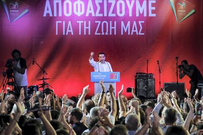 Greek Prime Minister and leader of Syriza party Alexis Tsipras addresses supporters during a pre-election rally in Athens, Greece, June 18, 2019. REUTERS/Alkis Konstantinidis